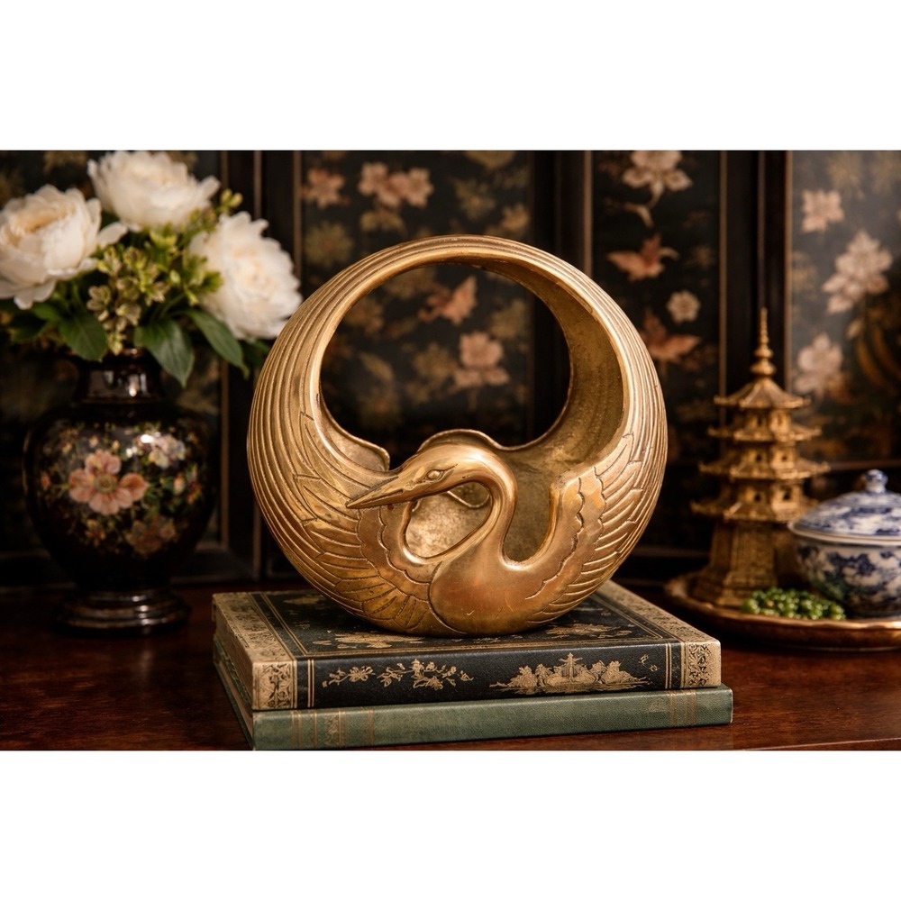 Vintage Solid Brass Art Deco Swan Crane Bird Planter Basket Cottagecore Retro